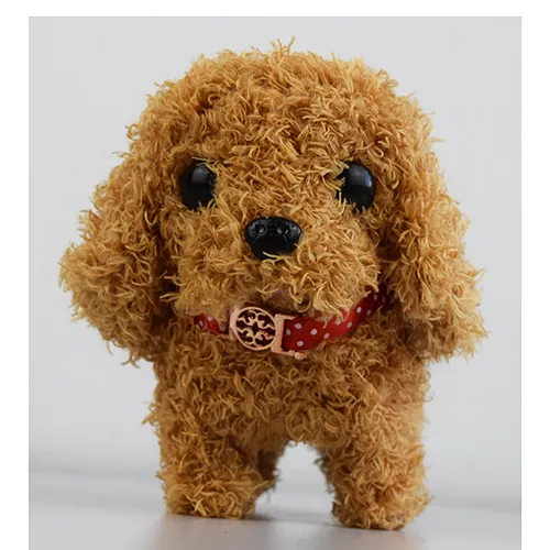 Battery-operated plush toy, in the shape of a walking and barking brown dog.