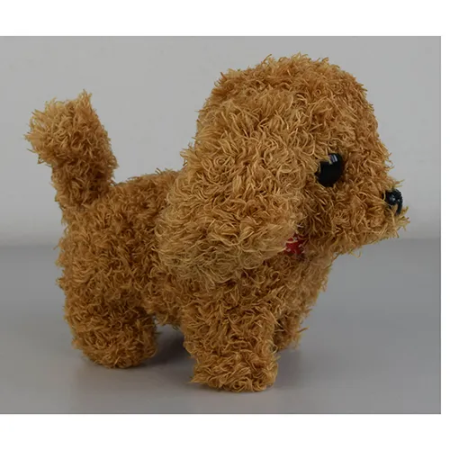 Battery-operated plush toy, in the shape of a walking and barking brown dog.