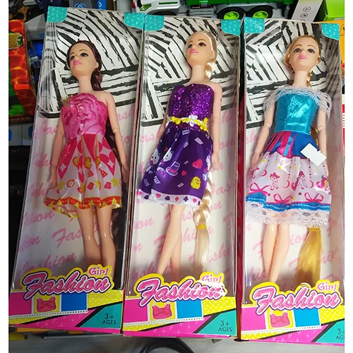Plastic doll, with long braided hair and a colourful sleeveless dress. Size: 28 cm.