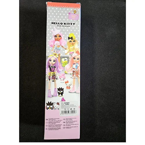 Plastic doll with colourful clothes and pink hair.