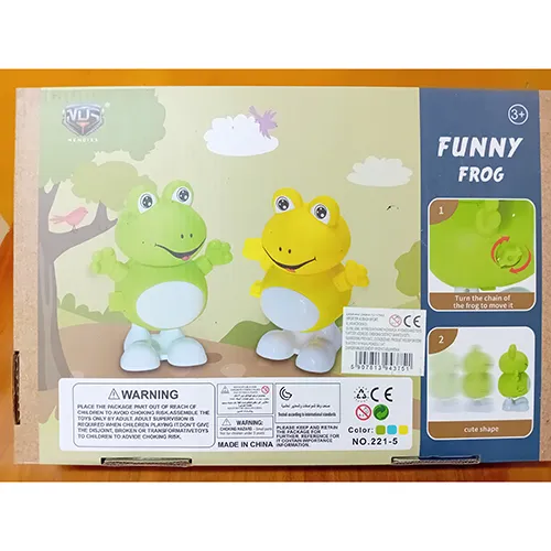 Green and white screw-on rigid plastic toy frog. The frog moves when the key is turned.