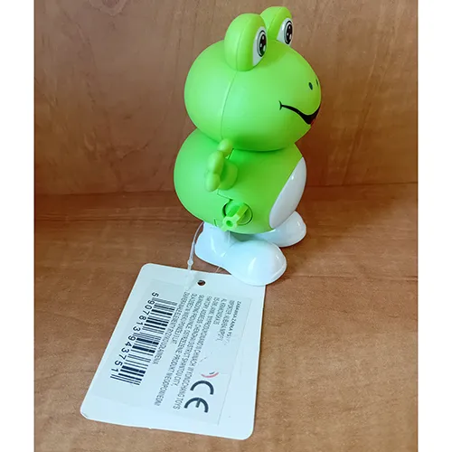 Green and white screw-on rigid plastic toy frog. The frog moves when the key is turned.
