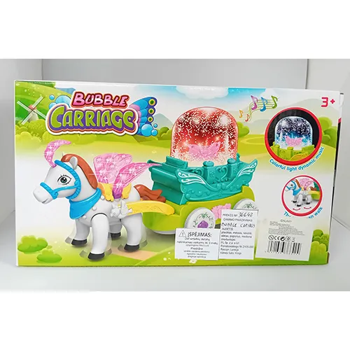 Plastic toy consisting of a horse pulling a carriage.