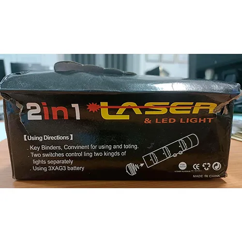 Laser pointer with dual light and laser function, powered by three button batteries.