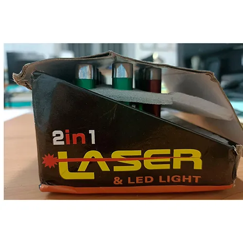 Laser pointer with dual light and laser function, powered by three button batteries.