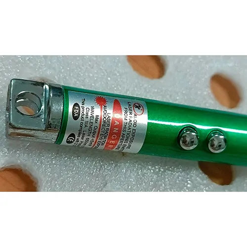 Laser pointer with dual light and laser function, powered by three button batteries.