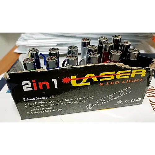 Laser pointer with dual light and laser function, powered by three button batteries.