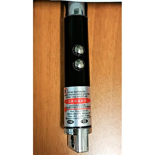Laser pointer with dual light and laser function, powered by three button batteries.