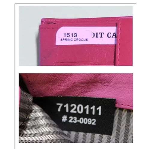 Pink rectangular wallet made from smooth grain leather, with cash and card compartments in black and grey-striped fabric and plastic mesh. Approximate size: 9 x 12.2 cm.