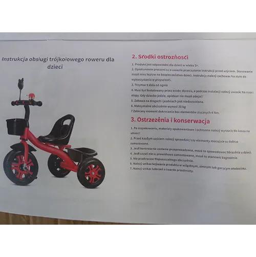 Tricycle, available in pink and blue colour. Date of manufacture: April 2024. Product sold online, in particular via Temu (unique identification numbers:601099671271616 and 601099682159668).