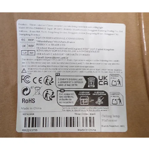 Ceiling lamp, input: 85-265V, 50/60Hz. Product sold online, in particular via TEMU with identification number:  60110028790458.