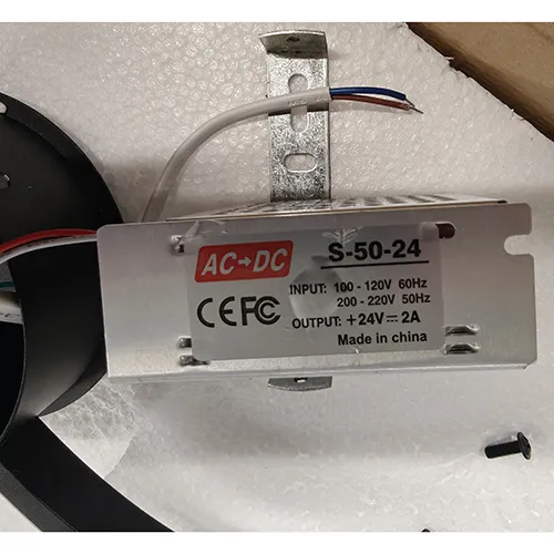 Wall luminaire, input: 100 - 120V, 60Hz; 200-220V, 50Hz, output: 24V - 2A. Product sold online, in particular via AliExpress.