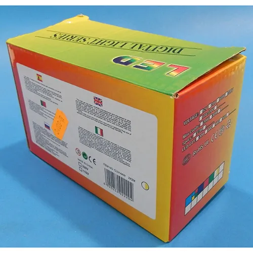 Lighting chain in a curtain design with dimensions of 2 m x 2 m,  non-replaceable LED lights and a socket that allows expansion with additional members.