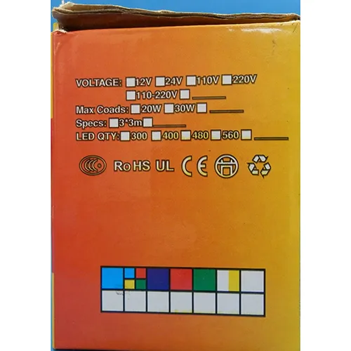 Lighting chain in a curtain design with dimensions of 2 m x 2 m,  non-replaceable LED lights and a socket that allows expansion with additional members.