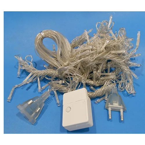 Lighting chain in a curtain design with dimensions of 2 m x 2 m,  non-replaceable LED lights and a socket that allows expansion with additional members.