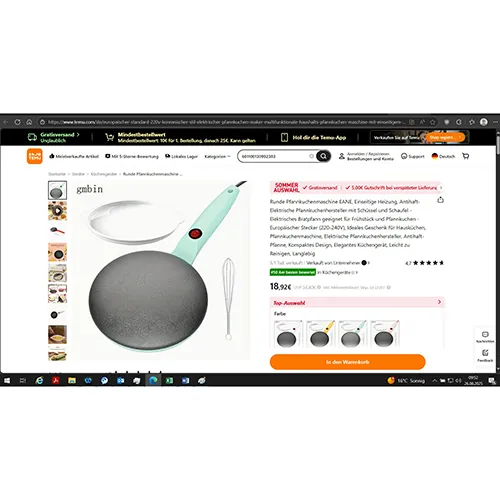 Electrical appliance for making crepes. Product sold online, in particular via Temu Goods-ID: 601100130992383