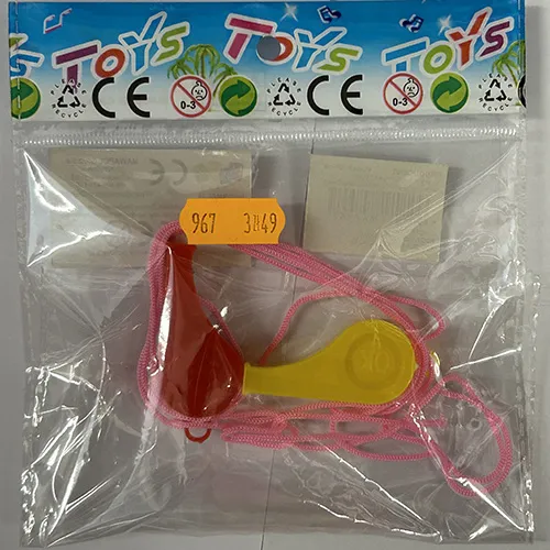 Set of two plastic whistles. Each whistle is attached to a textile string.