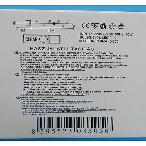 Lighting chain, 10 metres, with non-replaceable LED lights which can be connected directly to mains voltage, and a flashing control unit.
