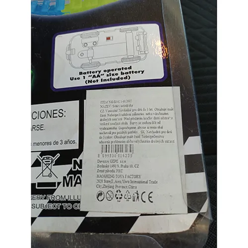 Battery-operated plastic toy in the shape of a car provided with a plastic track, light and AA batteries.