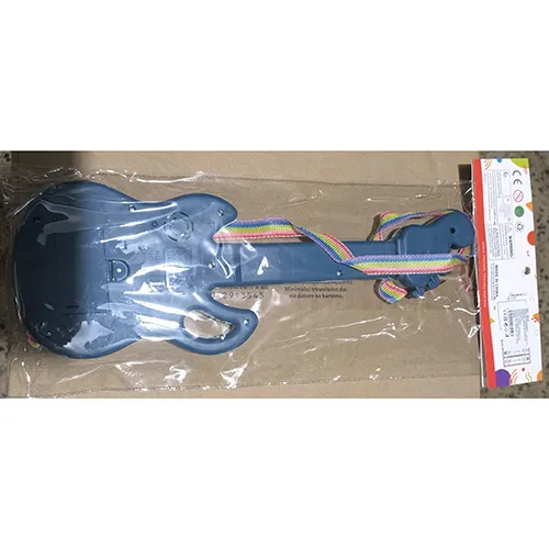 Plastic toy battery powered guitar with three 1.5V AA batteries.