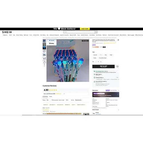 Toy pen with LED light. Product sold online, in particular via SHEIN.