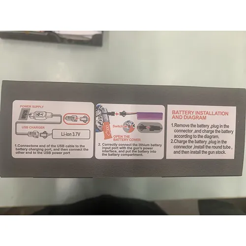 Multi-coloured rigid plastic toy set consisting of a toy gun-shaped body with a colourful graffiti-style surface, a blue transparent container for balls (grenade-shaped), a lithium-ion battery (3.7 V), a USB charging cable and glasses The toy is electric, shooting 7-8 mm balls.