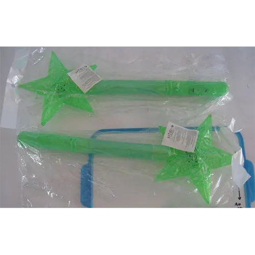 Green plastic light toy wand with LED lights in different colours and several flashing modes.