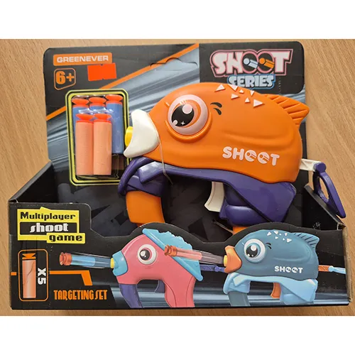 Toy set that includes a fish-shaped gun with a yellow plastic case in its mouth for inserting foam projectiles, two pink and three blue projectiles with a foam shaft and an orange suction cup at the end.