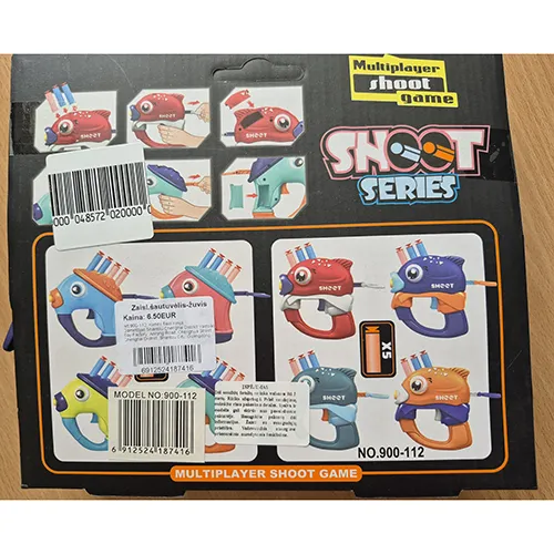 Toy set that includes a fish-shaped gun with a yellow plastic case in its mouth for inserting foam projectiles, two pink and three blue projectiles with a foam shaft and an orange suction cup at the end.