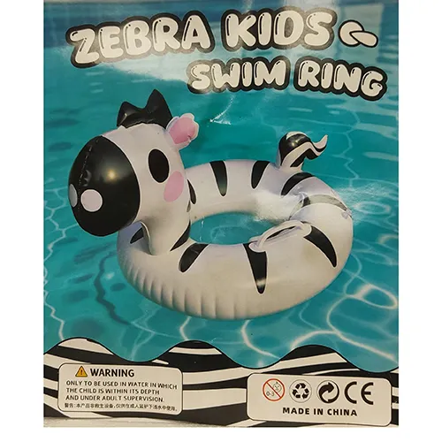 Inflatable swim seat in the shape of a zebra.