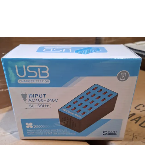 USB charger with 20 USB-A entries, a cable and a wall plug. Product sold online, in particular via Amazon (ASIN: X0028JW953).