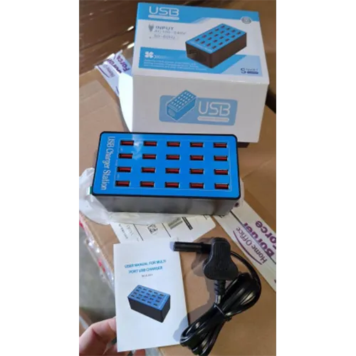 USB charger with 20 USB-A entries, a cable and a wall plug. Product sold online, in particular via Amazon (ASIN: X0028JW953).