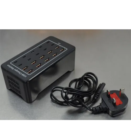 USB charging station with eight USB-A ports, mains connection and wall plug, 100W. Product sold online, in particular via Amazon.