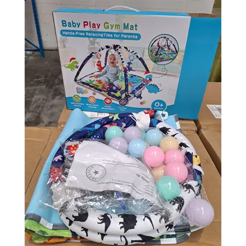 Baby playpen mat in black and white with a dinosaur print, containing multi-coloured plastic balls, advertised as suitable for 0+ months. Product sold online, in particular via Amazon.