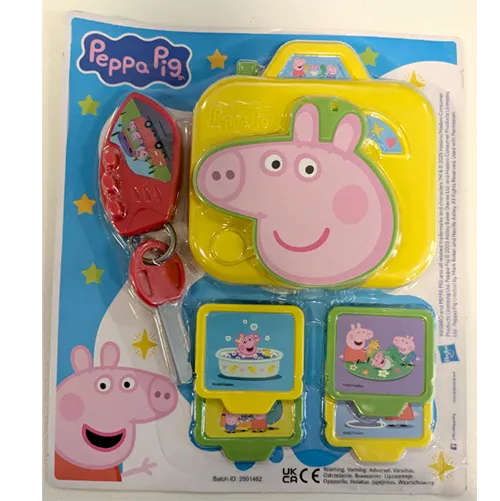 Set of camera and key toys supplied on the cover of Peppa Pig magazine, issue 419. Toy is a small red plastic key with keyring.