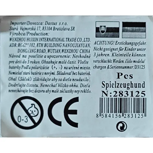 Plush toy in the shape of a dog, sold in various colours with red bows attached to the toy's ears and a rubber band with a bell attached around the dog's neck, and a coloured leash ending in a plastic bone. The toy is battery-operated with 2 AA batteries.