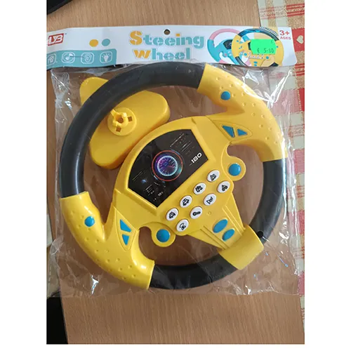 Plastic toy, in the form of a car steering wheel, featuring a tachometer and white buttons with symbols of means of transport, unlocking and horn. The toy is battery-operated with two AA batteries.