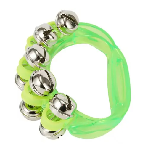 Musical rattle toy in green colour with bells. Product sold online, in particular via TEMU.