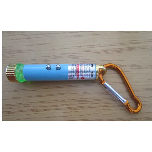 Laser pointer with LED flash light and a key chain holder in several colours. The product has two operating buttons and is powered by cell batteries.