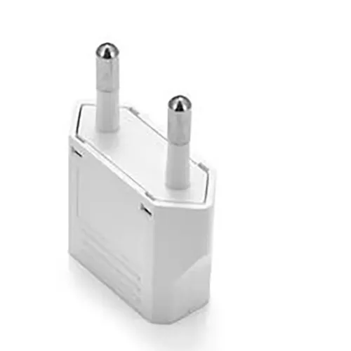 Travel adaptor in black or white with class II EURO plug and socket outlet for US class II Type A and schuko plug.