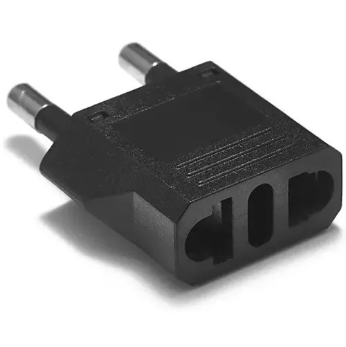 Travel adaptor in black or white with class II EURO plug and socket outlet for US class II Type A and schuko plug.