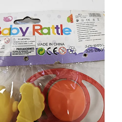 Colourful toy rattle in several shapes.