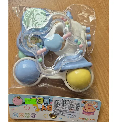 Set of four colourful rigid plastic rattles filled in several shapes, with rattling balls.
