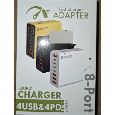 Yellow, black and white charger adaptor with 8 USB outputs (4 USB and 4 USB-C).
