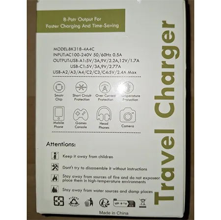 Yellow, black and white charger adaptor with 8 USB outputs (4 USB and 4 USB-C).