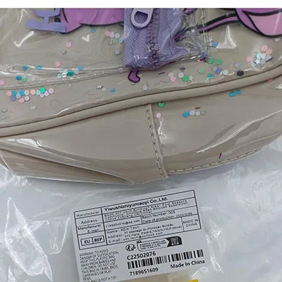 Backpack with a print of animation characters Lilo and Stitch. Product sold online, in particular via Temu (product identifier: 601100079730305). Date of production: 2025/02/06