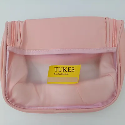 Pink cosmetic bag with a transparent window. Product sold online, in particular via Temu (product identifier: 601100048460191).