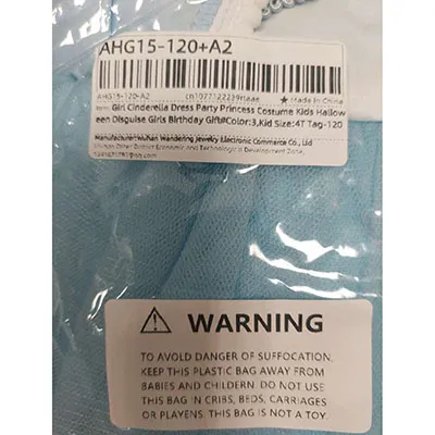 Fancy-dress costume consisting of a Cinderella-inspired dress, a plastic necklace with a slipper pendant, plastic earrings, a plastic tiara, a plastic wand with a fake diamond butterfly, and a fabric bow to attach with a safety pin. Dress size: 120 cm. Product sold online, in particular via AliExpress (unique identifier: 1005006306770833).