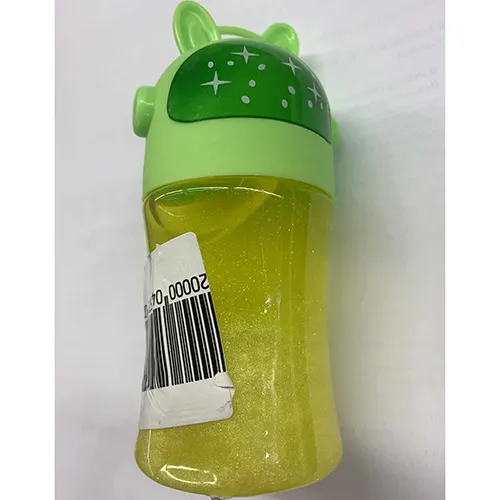 Yellow toy slime packaged in a plastic container with a green lid decorated with ears and star patterns.