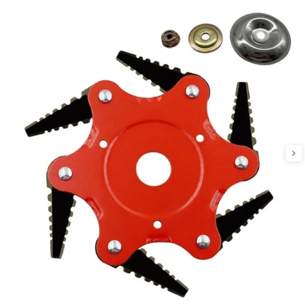 Attachment for brush cutters for trimming and cutting lawn edges or other vegetation. The cutting attachment comprises six mobile knives that can be used for cutting when they rotate at high speed. Product sold online, in particular via www.leroymerlin.pl (unique identifier: 96572077).